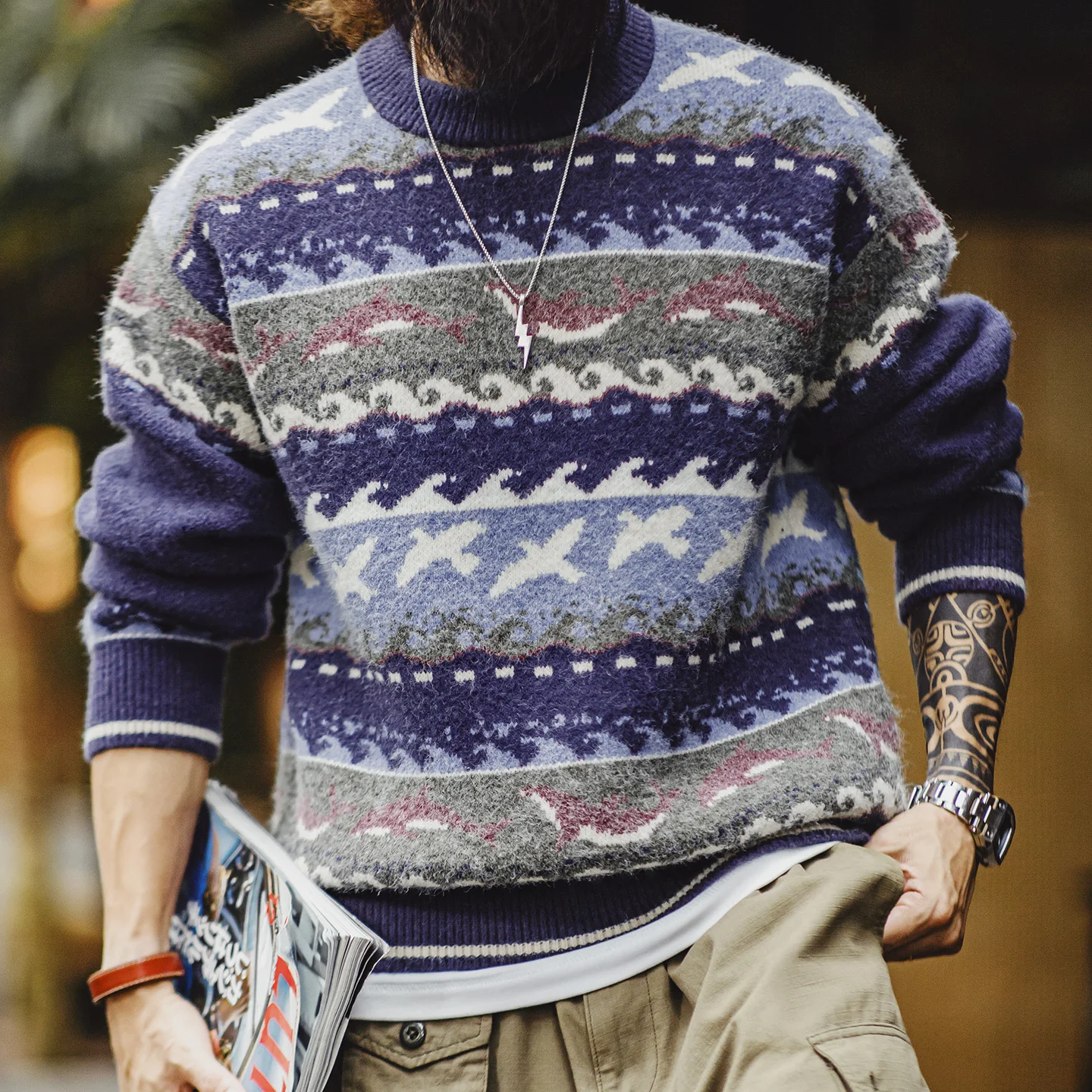 

Винтажный американский вязаный свитер Maden Fair Isle для мужчин, пуловер с круглым вырезом, толстый теплый вязаный джемпер свободного покроя