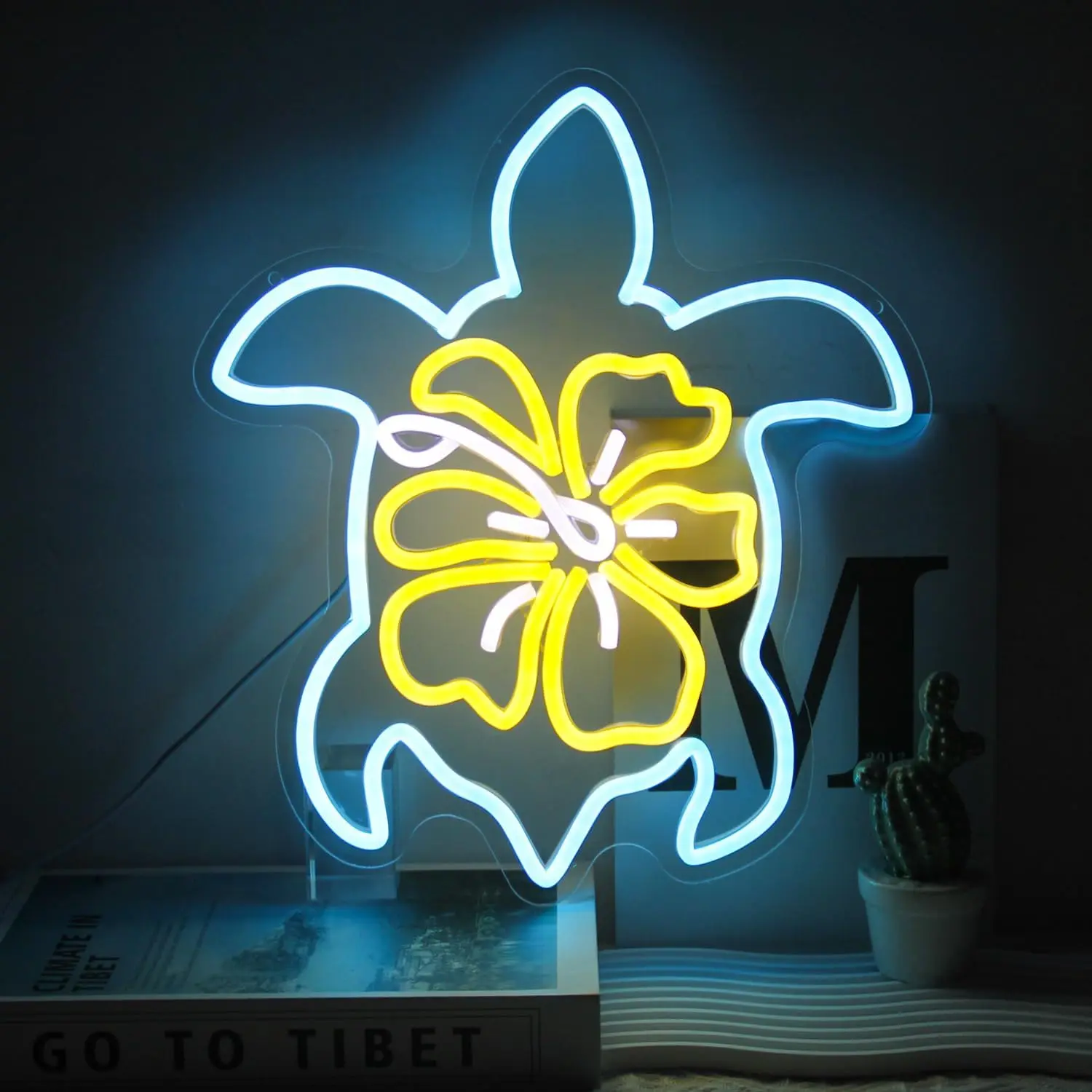 

Sea Turtle Hibiscus LED Neon Sign Blue Turtle Yellow Flower Ocean for Wall Decor for Bedroom Living Room Office Decor Gifts
