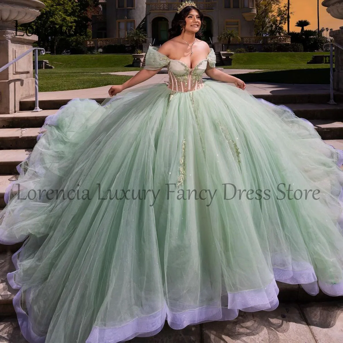 Messicano 2024 verde abito Quinceanera abito da ballo con spalle scoperte dolce 15 16 3D Applique floreale corsetto con perline Vestidos De 15 aecos