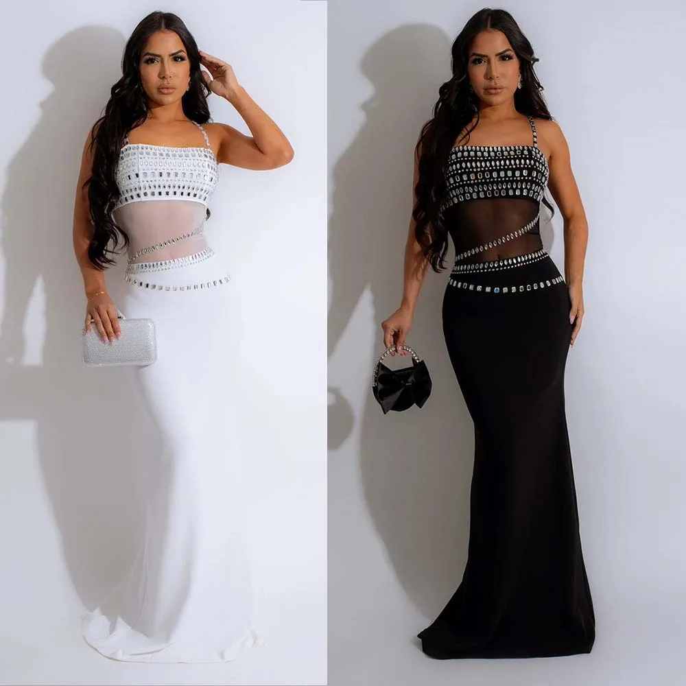 Rhinestone Mesh Dress Lady Party Bodycon Evening Dresses Women Summer Elegant Luxury Clothes Maxi Long Black White Dresses