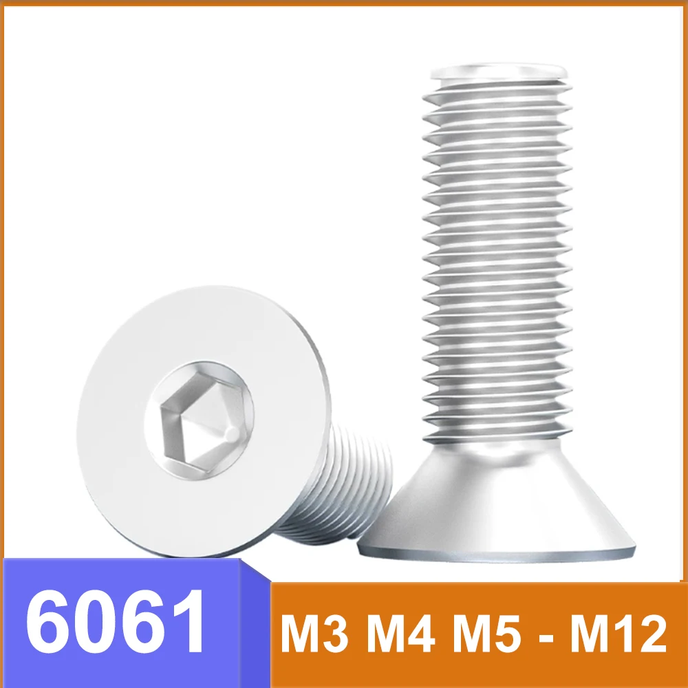M3 M4 M5 M6 M8 M10 M12 Flat Head Bolt Length 6-50mm 6061 Aluminum Alloy Countersunk Hexagonal Socket Screw