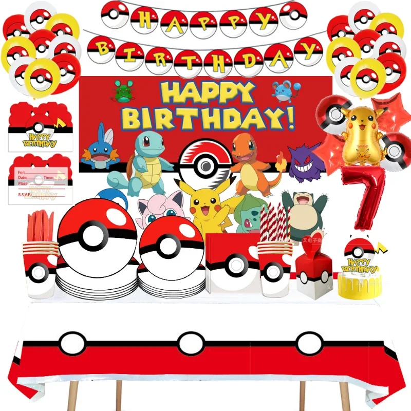 Pokemon Birthday Decoration Poke Ball Party Supplies Baby Shower Boys Girls Tableware Cup Balloons Cake Topper Gift Bag Backdrop