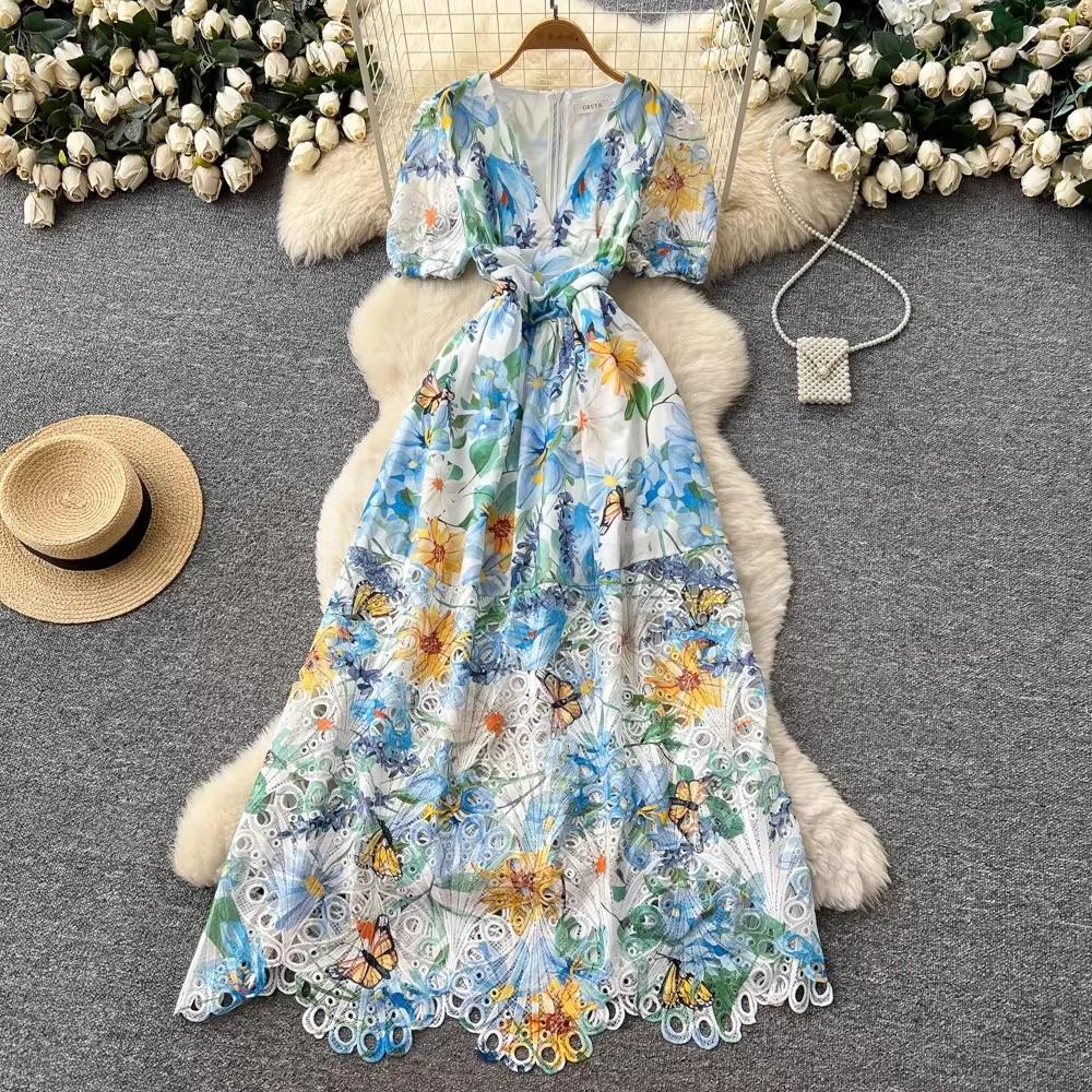 Colorblock Hollow Out Elegant Dress Women V-Neck Short Sleeve Floral Print High Waist Embroidery Hook Flower Dress Female New