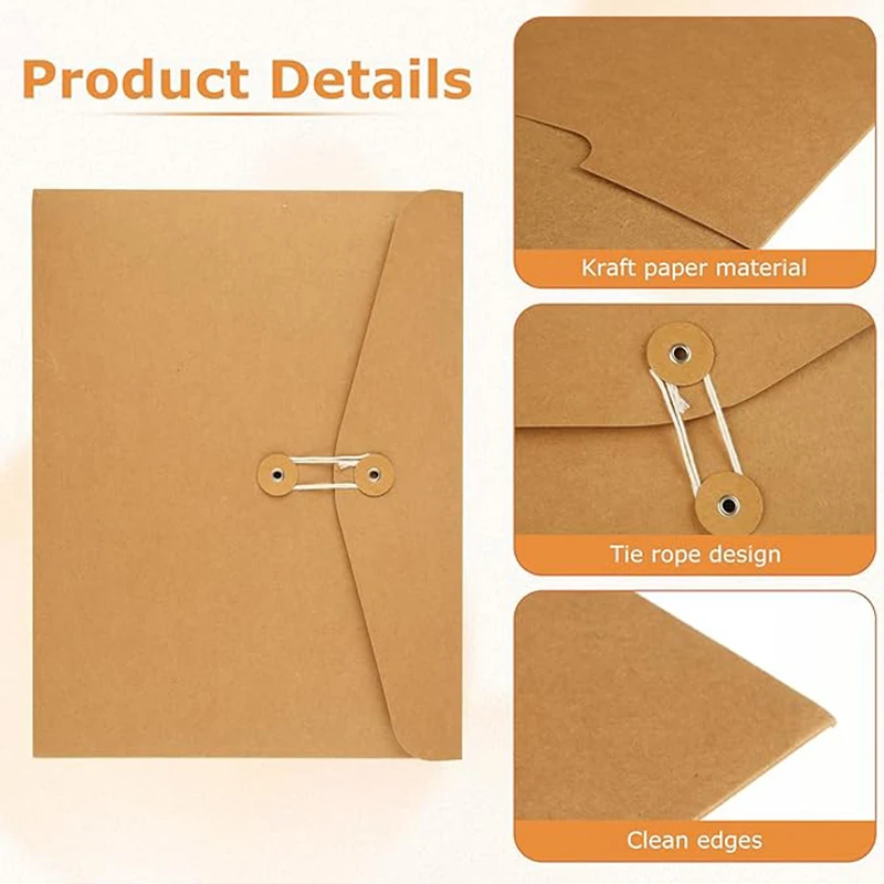 5/10/20 PCS+Stickers A5(24×17.5cm）Kraft File Folder Project Pockets Document Organizer  Storing Holder String Tie Closure
