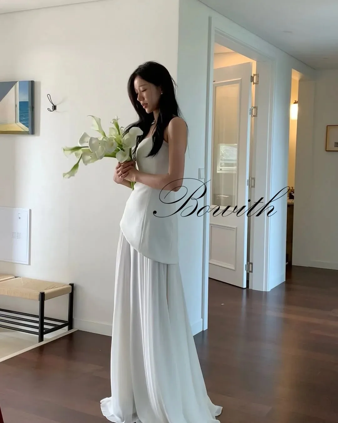 Bowith Korean Wedding Dresses Strapless Patchwork Satin and Chiffon Bridal Gown Customized Sleeveless Wedding Party Dresses