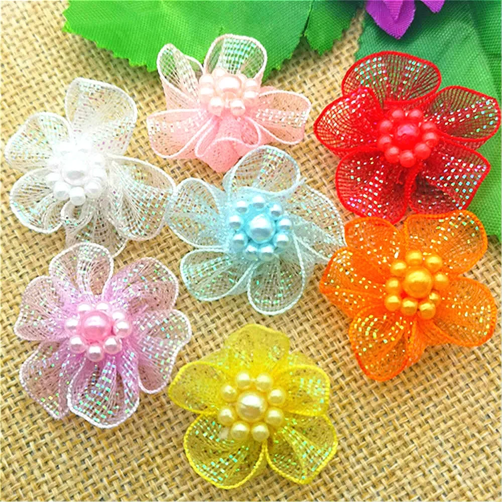 

20 pcs pick Organza Ribbon Flowers Bows Beads Appliques Wedding Craft DIY Christmas Decoration