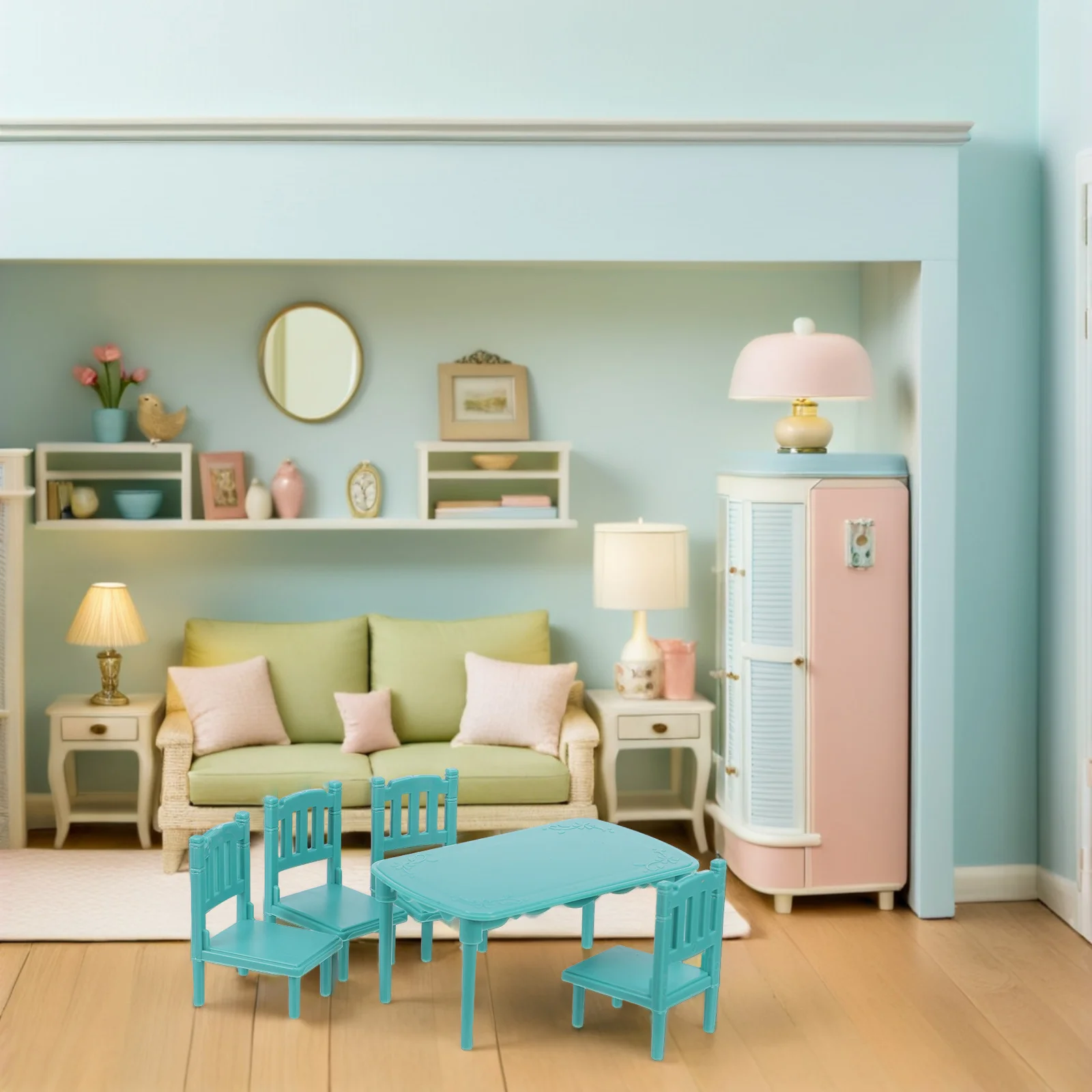 1Set miniatuur eettafel en stoelen voor poppenhuis keukenscène Lichtgewicht plastic mini-meubelset voor spelen en