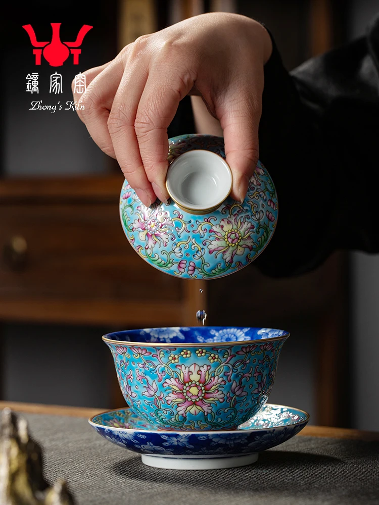 

Zhongjia Kiln Ceramic Cover Bowl Tea Cup Jingdezhen Enamel Colorful Turquoise Green Entangled Lotus Pattern Inner Wanhua Sancai