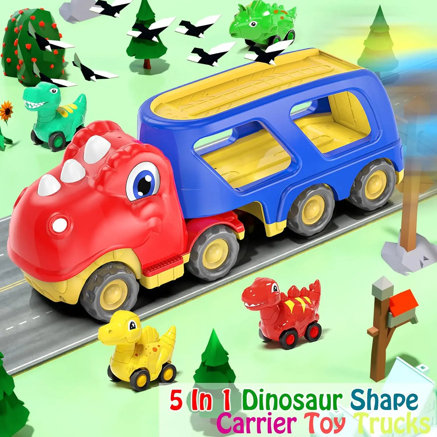 Dinosaur Transport Carrier Truck with 4 Small Pull Back Dino Car, Friction Power Vehicle Christmas Birthday Gift