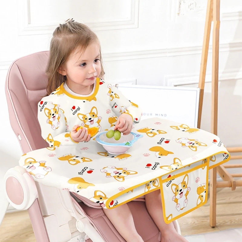 67JC Portable Coverall Baby Feeding Bib for Eating Long Sleeves Bib Attaches to Highchair & Table Weaning Bibs Multi-pattern