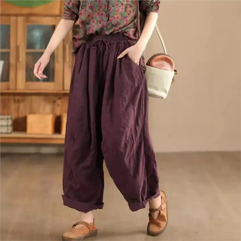 Johnature 2024 Woman Autumn New Fashion Linen Casual Loose Harem Pants Pants Elastic Waist Chinese Style Solid Color Pants