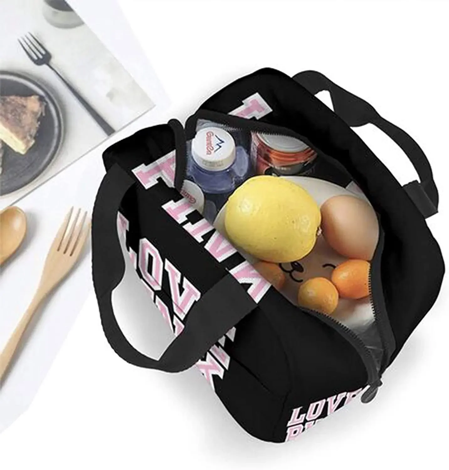 Love Pink Black Portable Insulated Lunch Bag Waterproof Tote Bento Bags Lunch Tote for Women Lunch Box for Work School Picnic