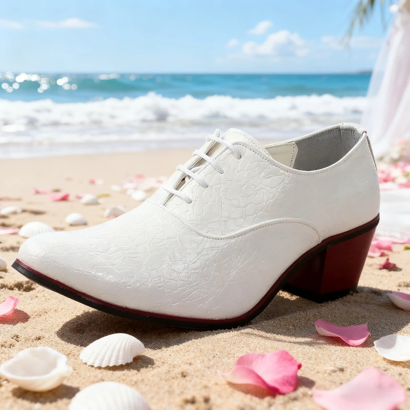 Men Thick Heel Snake Pattern Classic Leather Shoes Comfortable High Heels Leather Dress Dance Shoes Men Wedding Groom Shoes