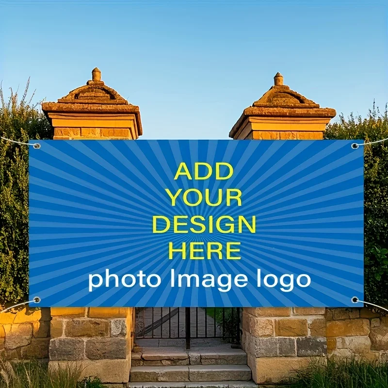 Bandera de camping al aire libre personalizada, imagen personalizada con coloración ajustada, agujeros en las esquinas para una