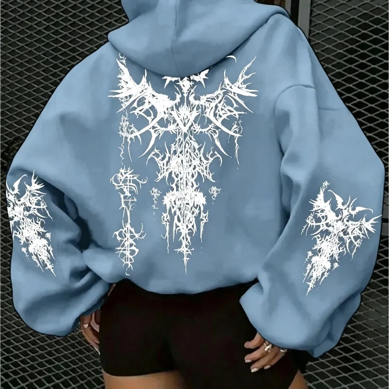 2026 Subculture Gothic Thorn Demon Wings Print Hooded Sweatshirt American Streetwear Oversized Punk Jacket