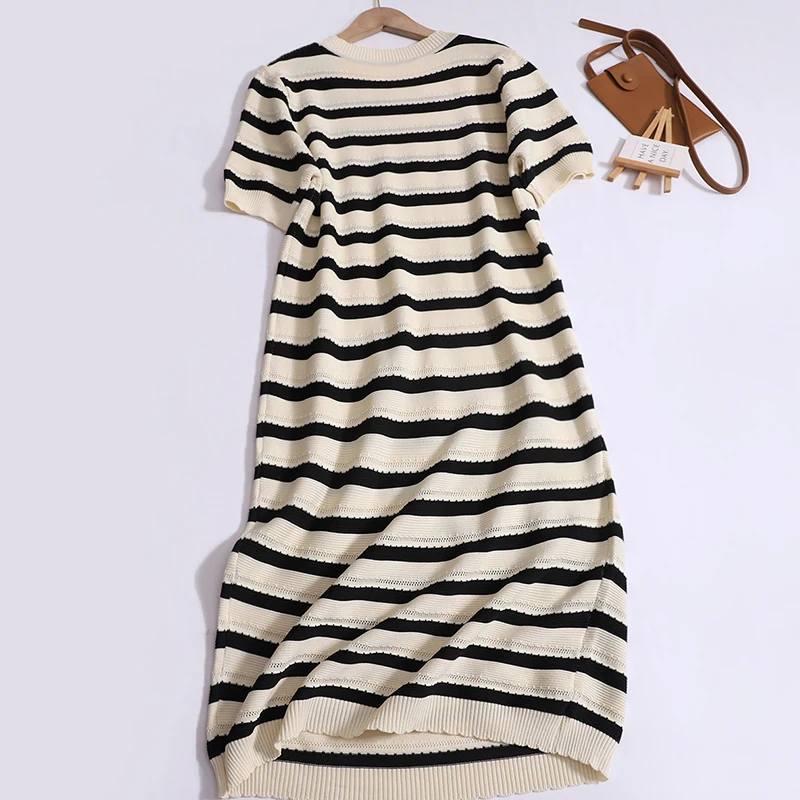 Striped Knit Dress Women's Summer Loose T-shirt Dress Fashion Casual Crew Neck Short-sleeved Dresses