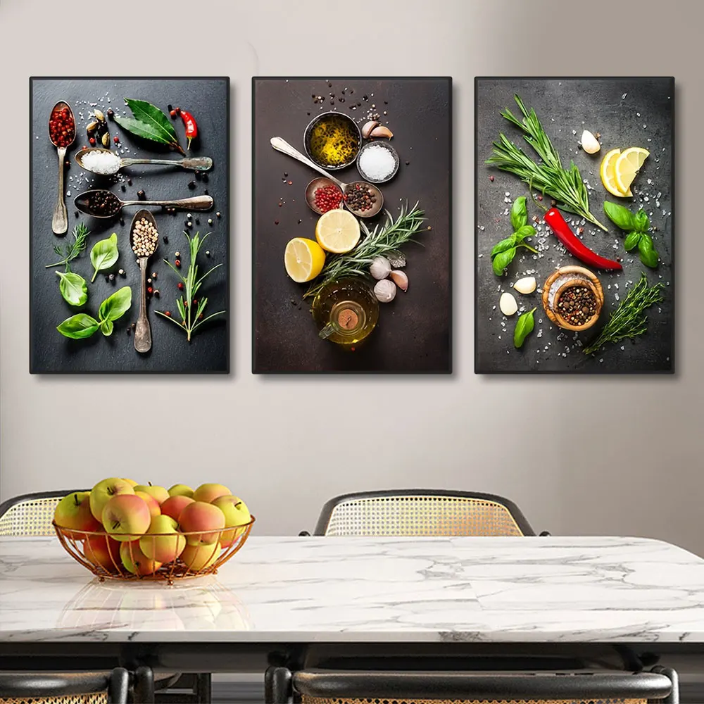 3pcs Kitchen Theme Mix Herb And Spices Canvas Art Poster Impressionist Art Decor Painting For Dinning Room Wall Art Decoration