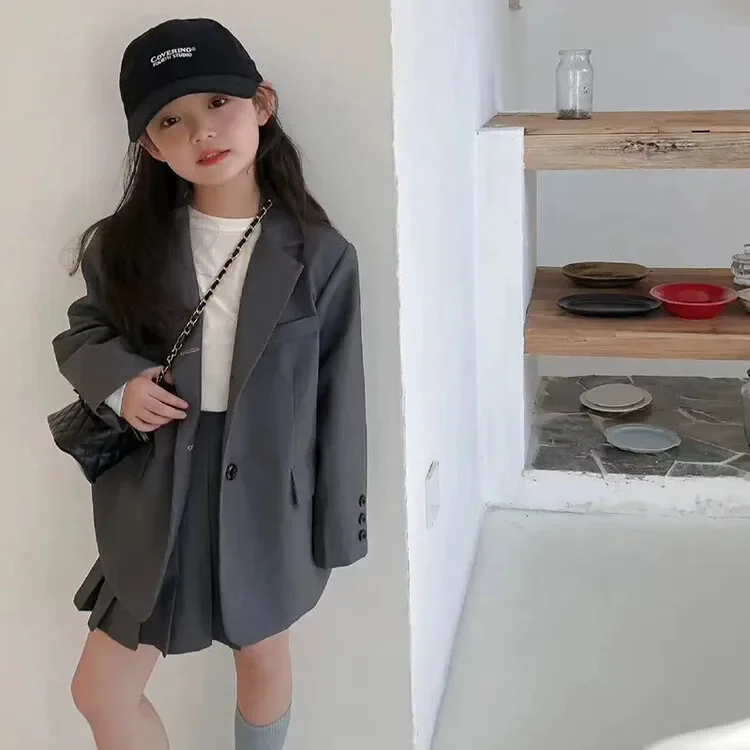 2026 Autumn Winter Girls kids 2 pcs child outfits teenager Suit set SLIM Blazer jacket TOP +Mini Pleated skirt 4 5 10 12 Year