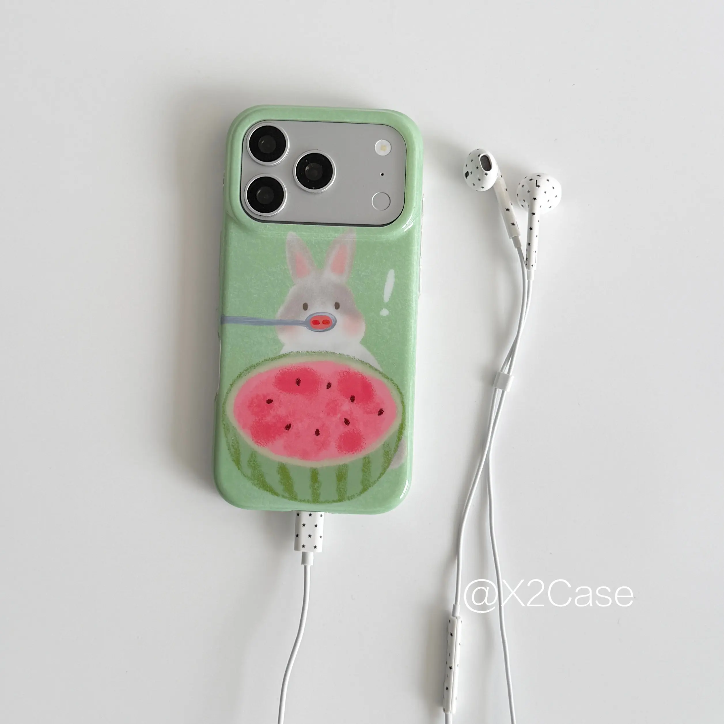 Korean Cute Cartoon Green Watermelon Bunny Phone Case For iPhone 17Air 16 15 14 13 12 11 Pro Max Plus Y2K Cover Ins Advanced