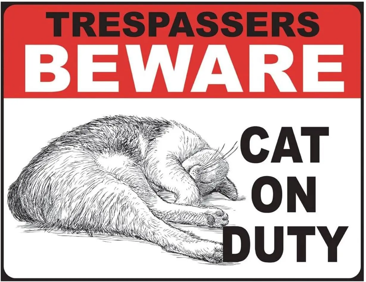 Desperate Enterprises Beware Cat On Duty Tin Sign - Nostalgic Vintage Metal Wall Decor - Made in USA