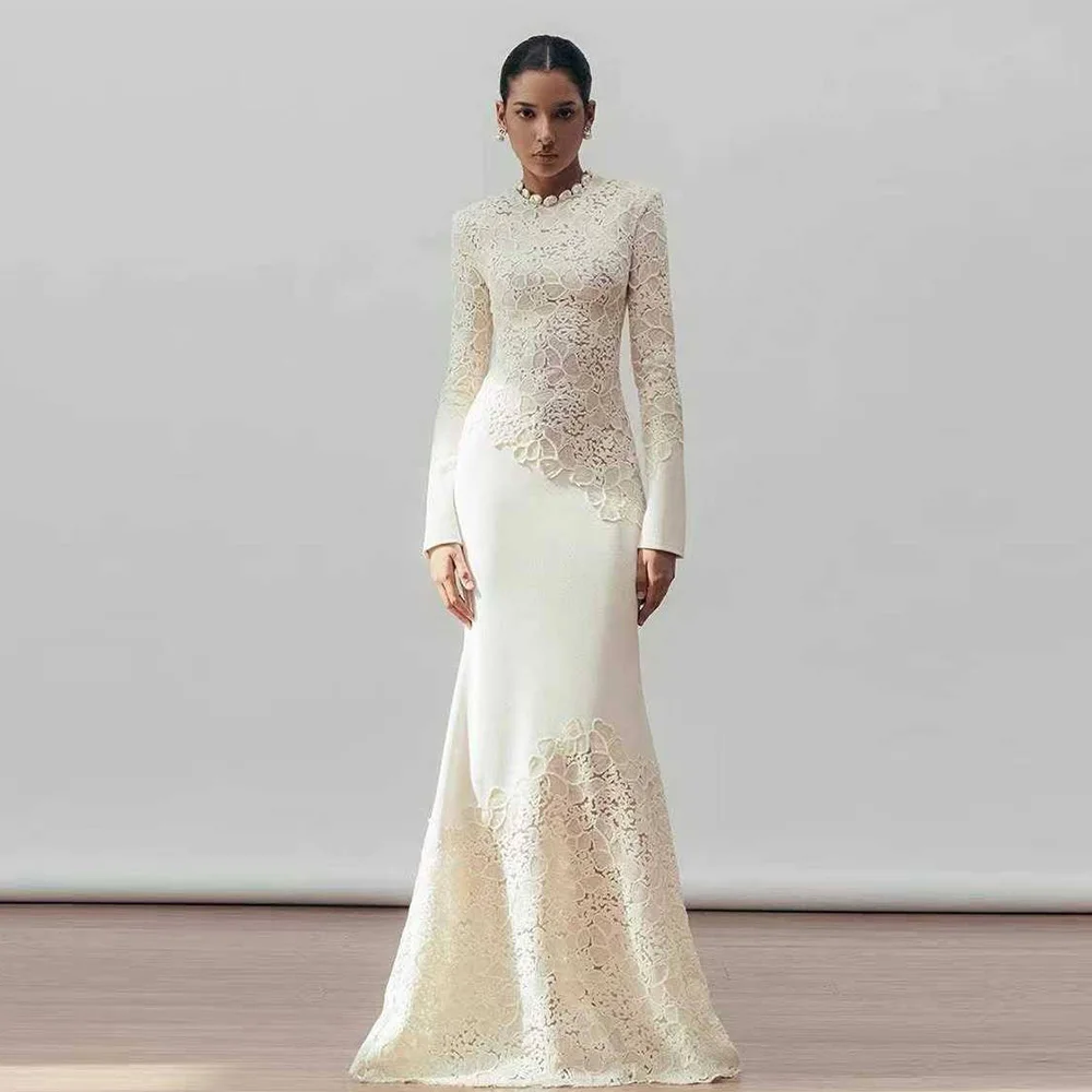 

High Quality Customized Jersey Celebrity Gowns Delicate Appliques Mermaid Evening Dress Classic O-Neck Long Sleeves Prom Dresses