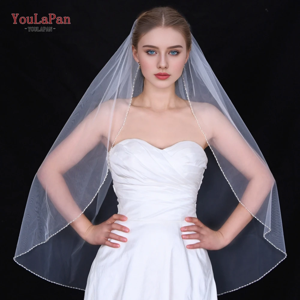 YouLaPan Wedding Veil with Crystal Edge Elbow Length Bridal Veil Pearl Beaded Eleglant 1 Tier Veils for Christian Church V197