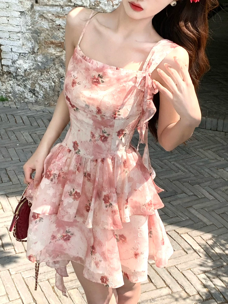 2024 Summer French Elegant Floral Dress Women Casual sweet Retro Slim Mini Dress Korean Fashion Vintage Y2k 2000s Strap Dress