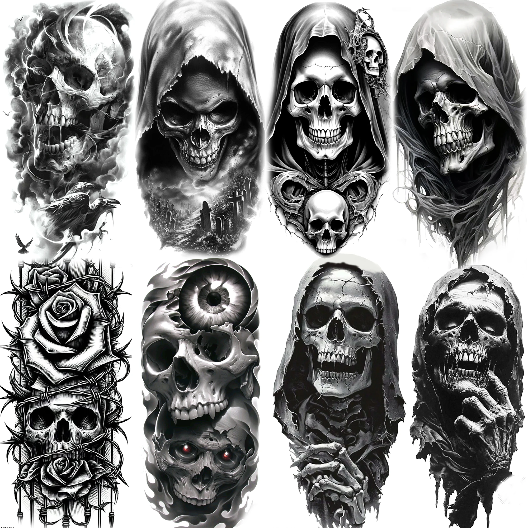1 feuille de tatouages temporaires effrayants crâne Grim Reaper pour hommes femmes adultes Halloween faux tatouages imperméables autocollant longue durée