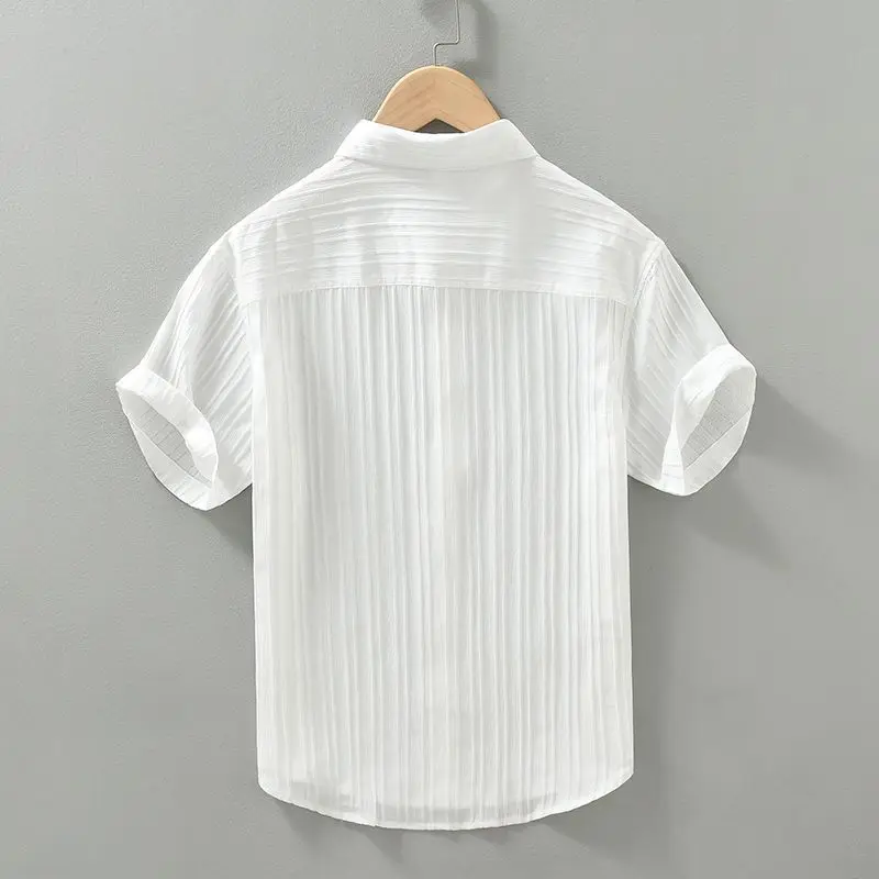 Men's Summer Short Sleeve Button All-match Youth Harajuku Blouse Solid Loose Thin Ice Silk Shirt Tops Fashion Casual Men Clothes