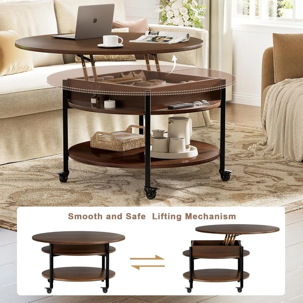 Round Lift Top Coffee Table with Wheels, Circle Center Table with Storage and Compartment, 26.77’’ Rolling Coffee Table for Liv