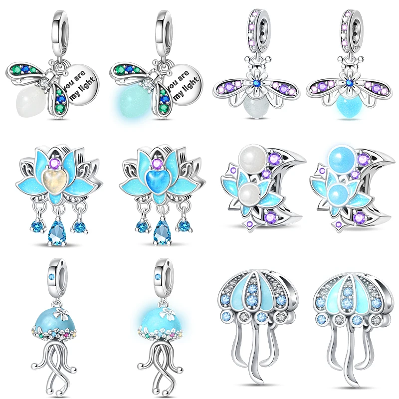 Moda argento 925 cambiamento di colore luminoso lucciola medusa ciondolo luna loto Charms perline Fit Pandora gioielli braccialetto originale