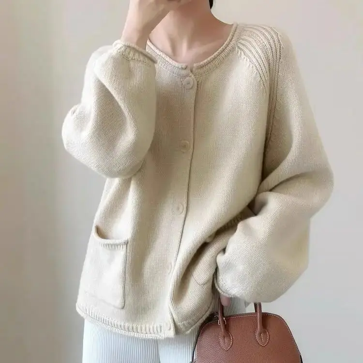 Klein Blue Knit Cardigan Sweater Korean Women Long Sleeve Vintage Sweater Oversize Elegant Tops Coats Casual Spring Knitwear