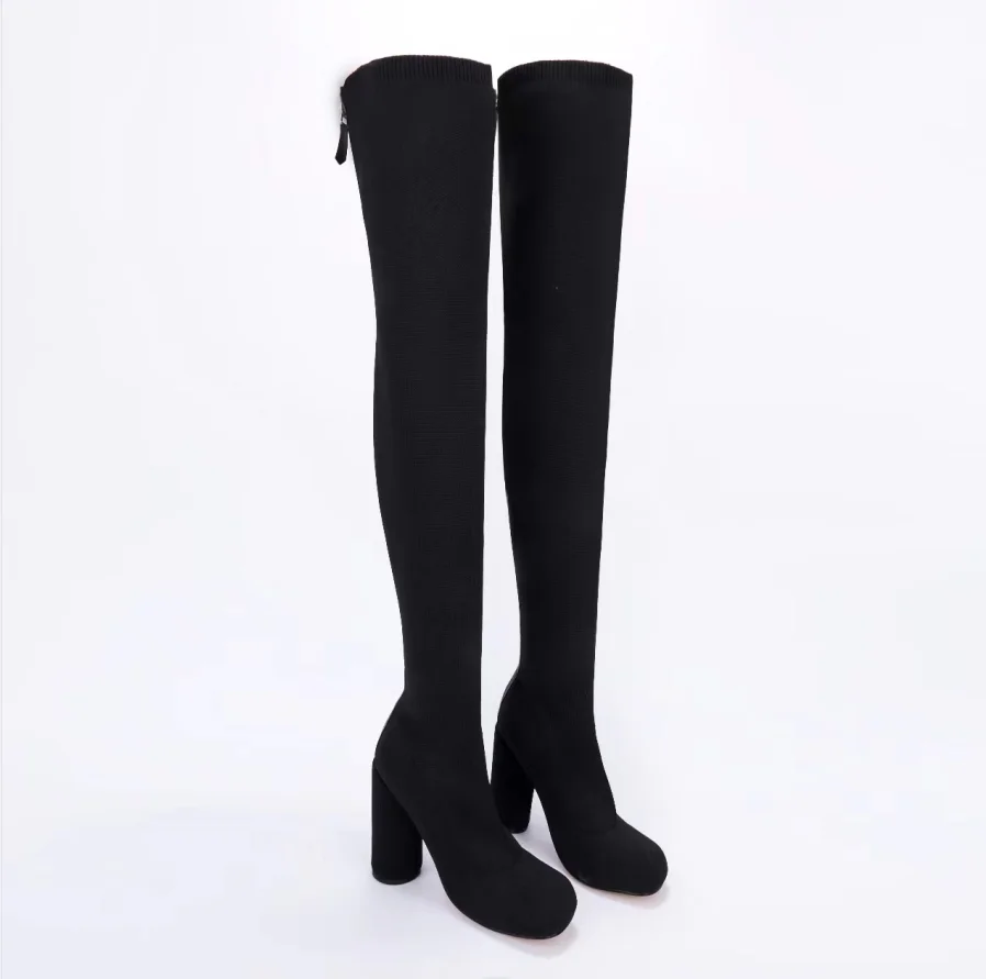 Women's Elastic Boots, European and American Fly Knit Over Knee Boots, Tight Plaid Round Heels, Thick Heels, Children's Boots