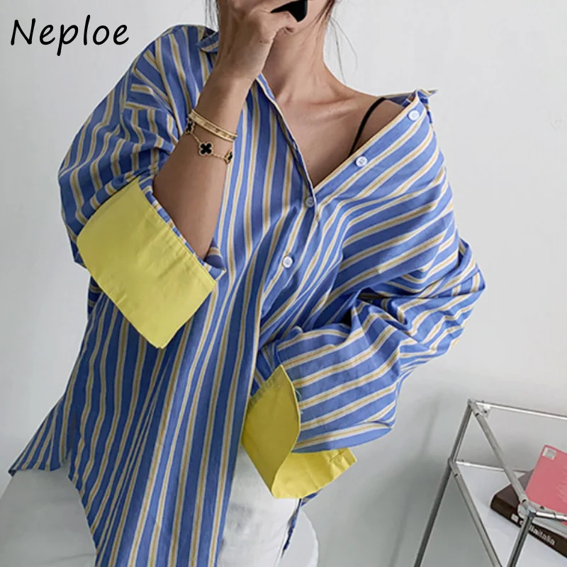 Neploe Turn Down Collar Stripe Contrast Color Patchwork Blouses Blusas Mujer De Moda 2024 Long Sleeve Single-breasted Shirts