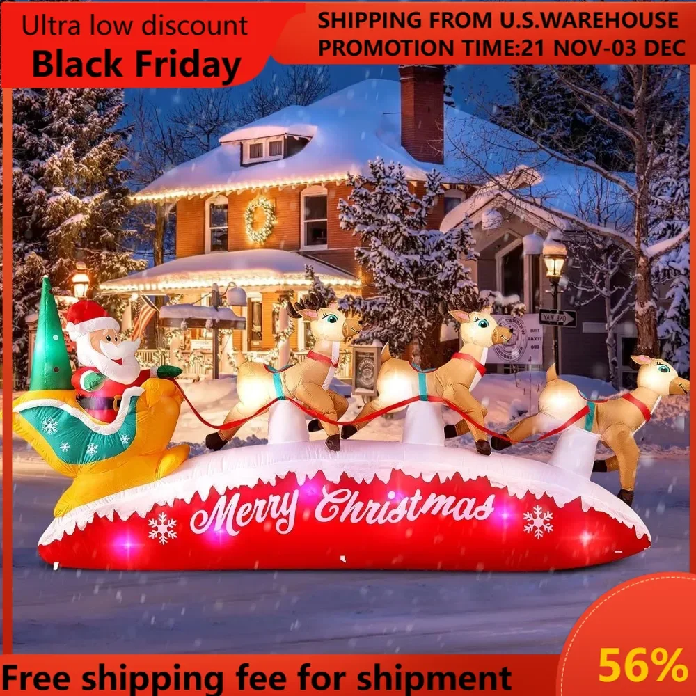 10FT Long Christmas Inflatables Santa Claus with Reindeer Sleigh Outdoor Decorations, Build-in Rotating Colorful LEDs Sa