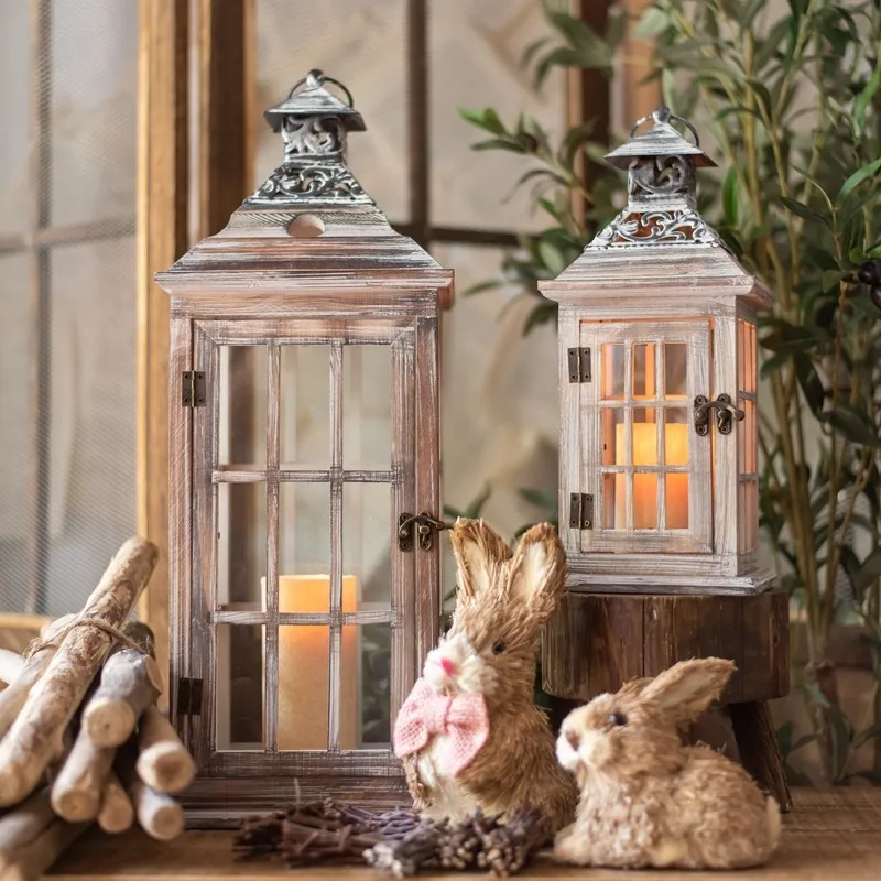 JK Mu Space, European-style old iron brush white horse lamp, wooden windproof glass floor-to-ceiling wind lamp, wedding props