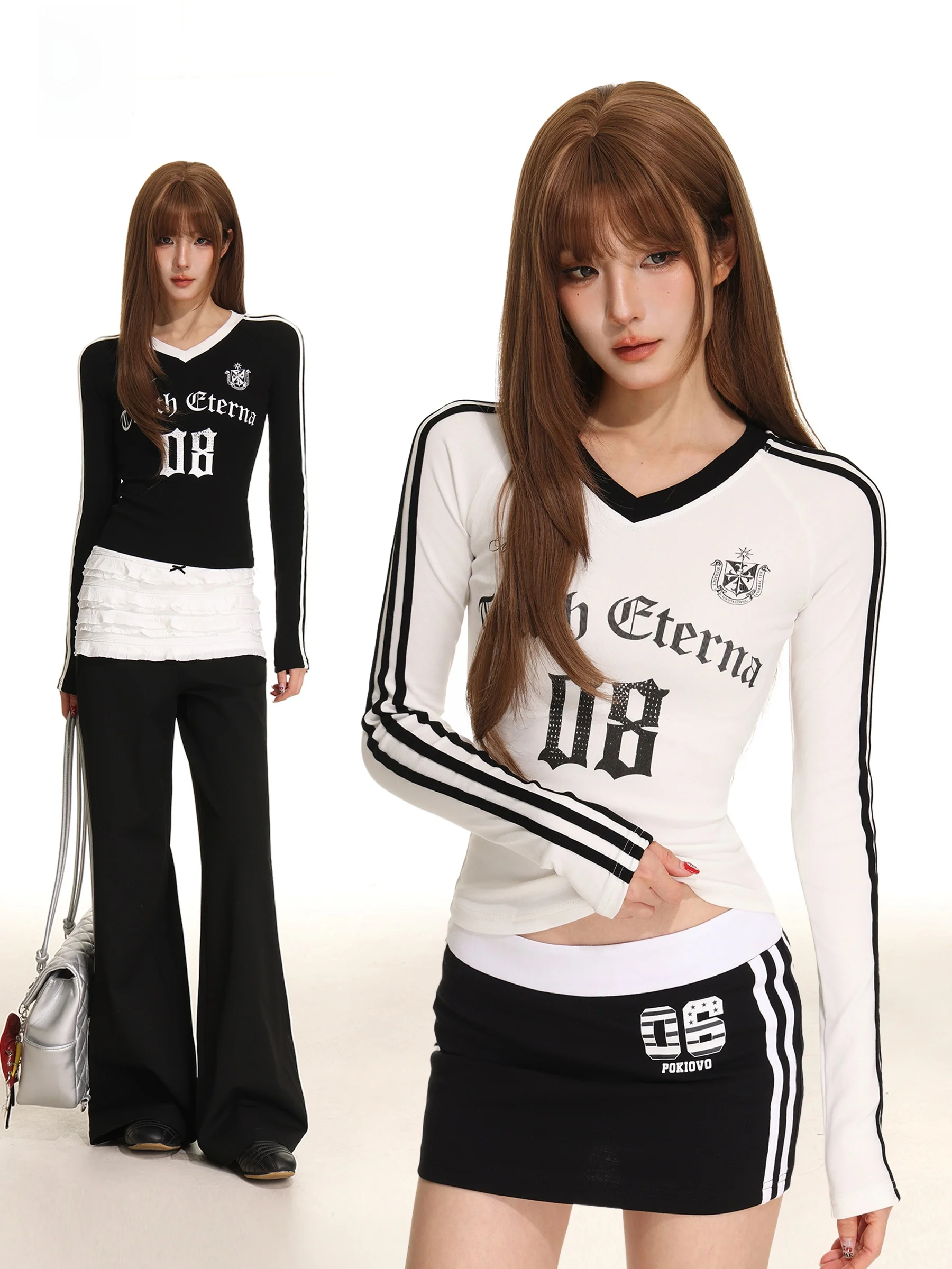 

American Style Long Sleeve V-Neck Color Block Base Shirt Women's Autumn Shoulder Print Sporty T-Shirt for Casual Wear