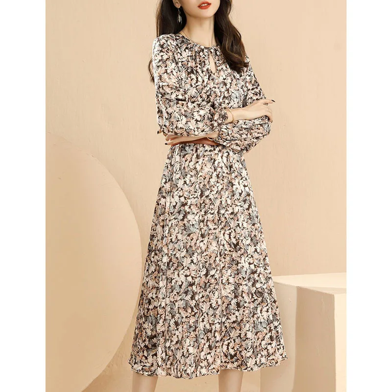 Vintage Fragmented Chiffon Dress Elegant and Slim Style Long Sleeve Comfortable and Breathable Y2K Spring and Autumn New 2024
