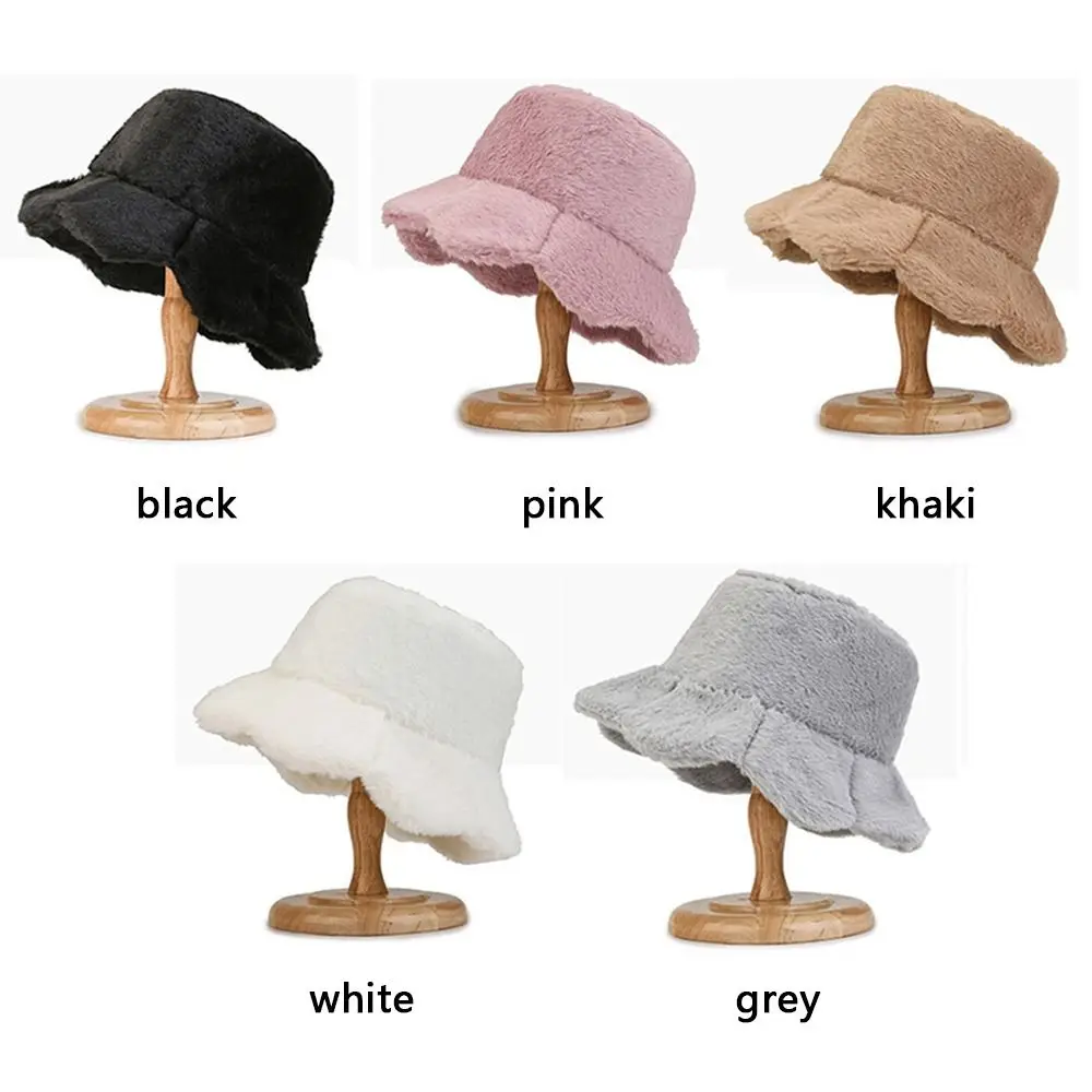 Girls Autumn Winter Plush Solid Color Fisherman Cap Bucket Hat