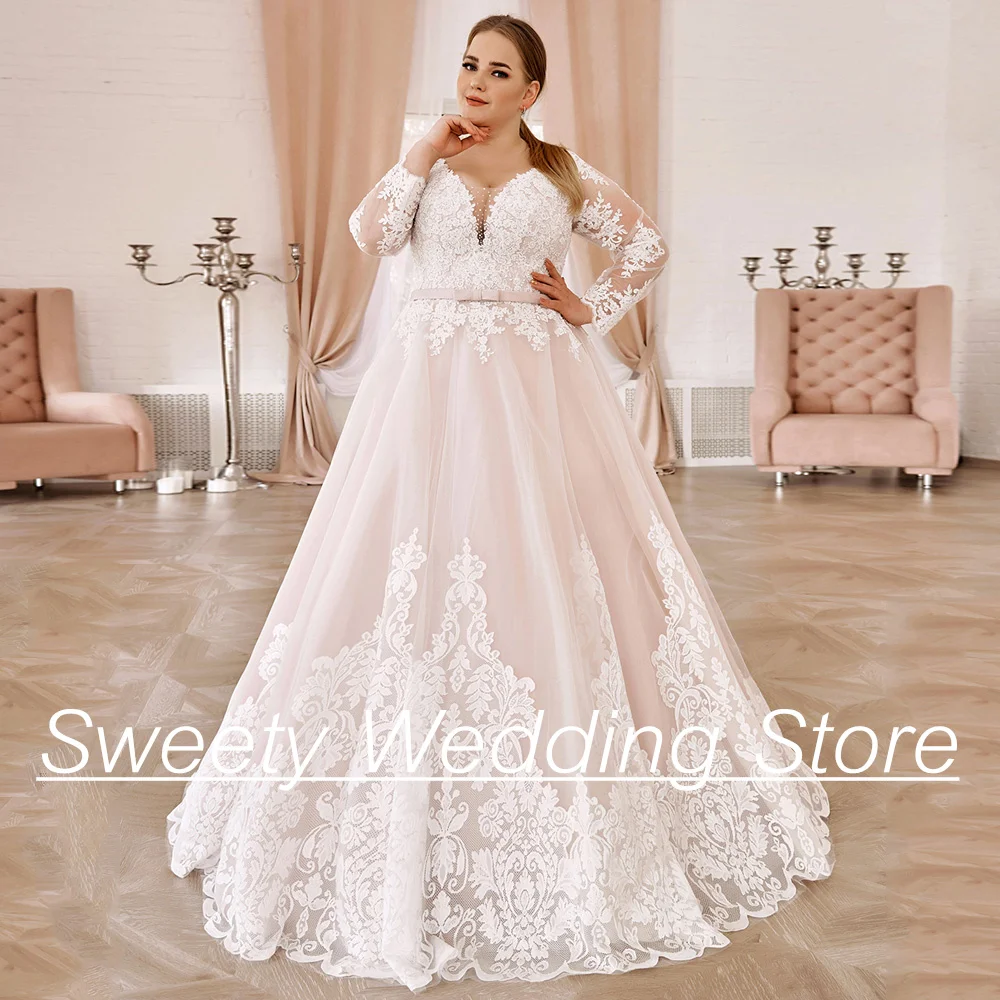 Escova vestido de casamento rosa com Applique Beads, mangas completas, V-Neck, até o chão, vestido nupcial requintado, Plus Size