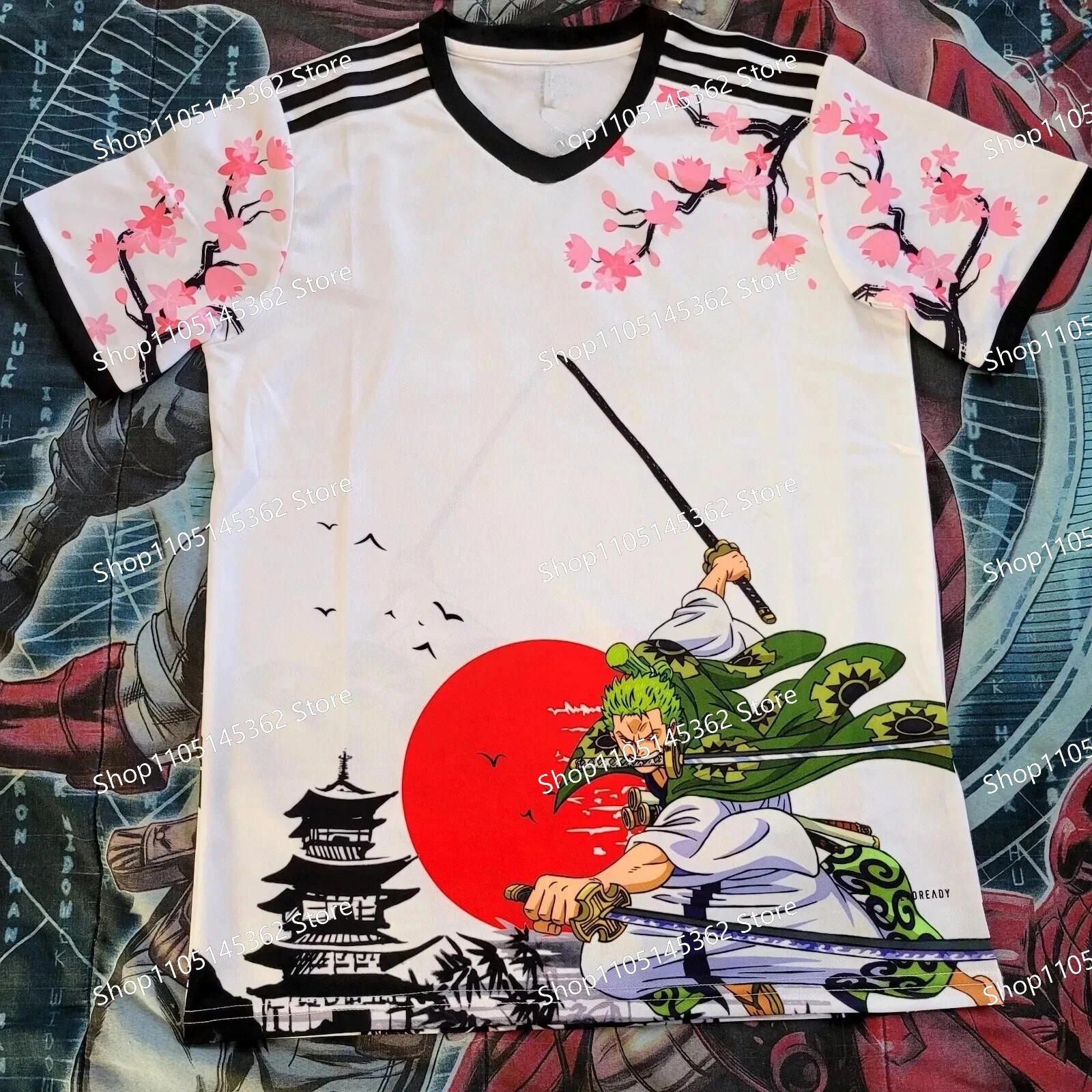 

2025 jerseys men's cartoon characters cherry blossoms cartoon pattern football suit short sleeve shirt