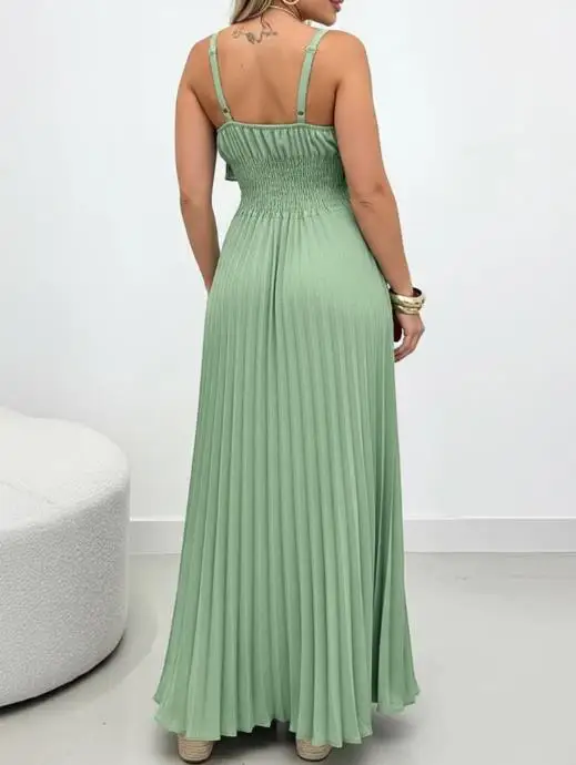 فساتين نسائية جديدة أشرطة سباغيتي مطوي تراكب تصميم فستان كامي عادية Cinched الخصر Shirred الظهر مطوي فستان عطلة