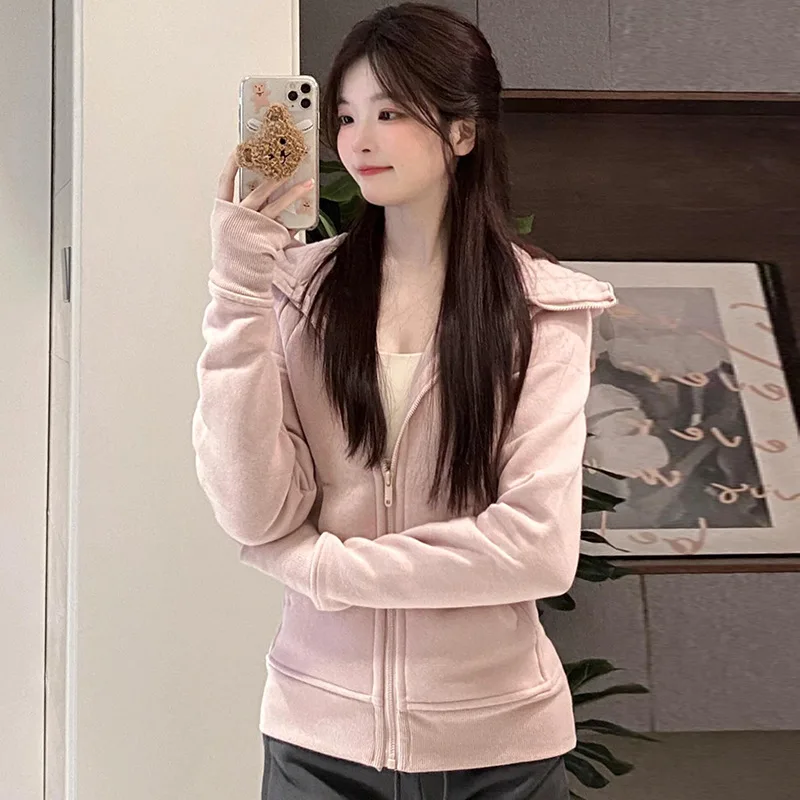 

Cardigan Slim Sweater Jacket Women's Spring and Autumn Style Stand-up Collar Waist Thin Fleece Liner Yoga Clothes Sports Top