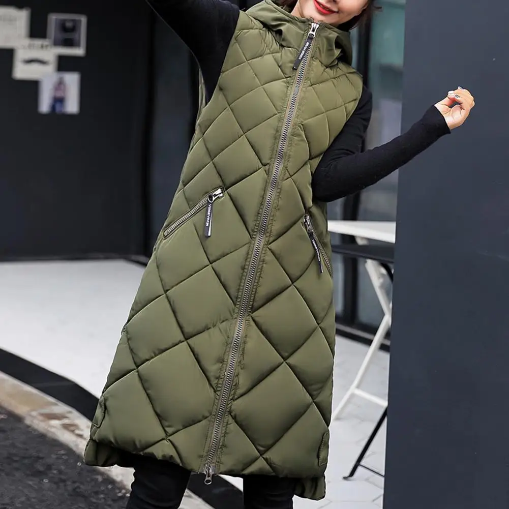 Winter Women Vest Coat Solid Color Padded Zipper Sleeveless Hooded Vest Thick Midi Length Winter Down Coat For Daily Wear