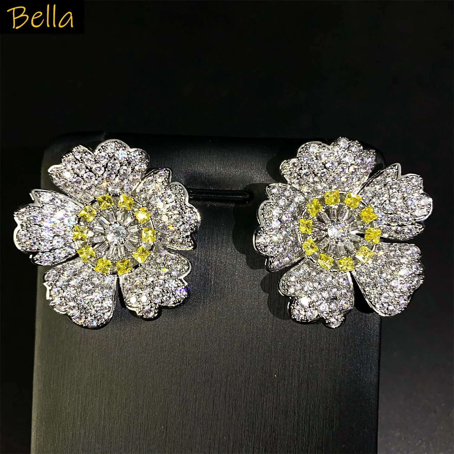 shiny cubic zirconia stud earrings flower wedding dinner party jewelry silver gold color blooming floral petals stud earrings