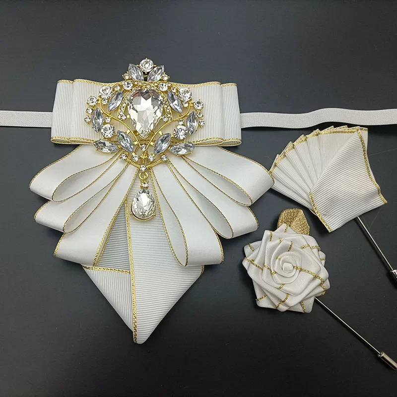 Vintage British Banquet Suit Shirt Collar Flowers Luxury French Men's Jewelry Bow Chest Clip 3-piece Set Wedding Bows Brooch Set