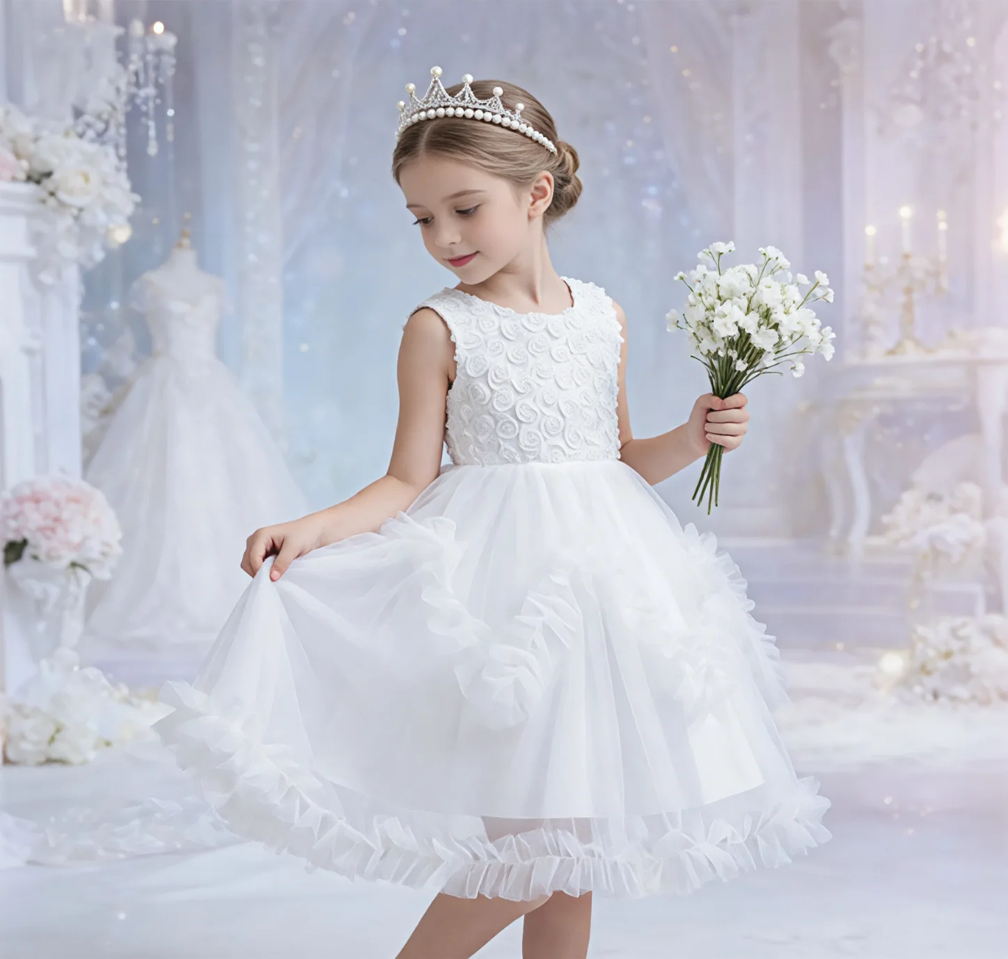 Flower Puffy Dress for Girls Princess Party Dresses Kids Girl Piano Performance Evening Gown Children Baptismal White Costume