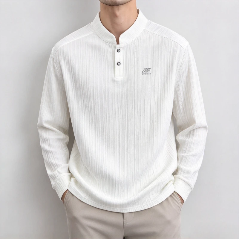 Men's Long-Sleeved Henry Shirts Autumn Spring Casual Comfortable Office Work Polo Shirts Men Business Workwear Pullover T Shirts