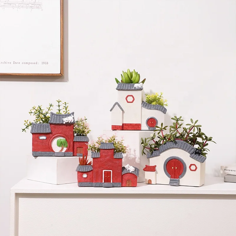 4in Chinese Traditional Architecture resinss  Succulent Planter Ancient House Shaped Flower Pot for Desktop Home Garden Decor