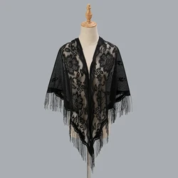 Sexy Woman Lace Shawl Scarf Tassel Party Evening Dress Cloak Female Hollow Out Scarves Thin Floral Stoles Long Elegant Pareos